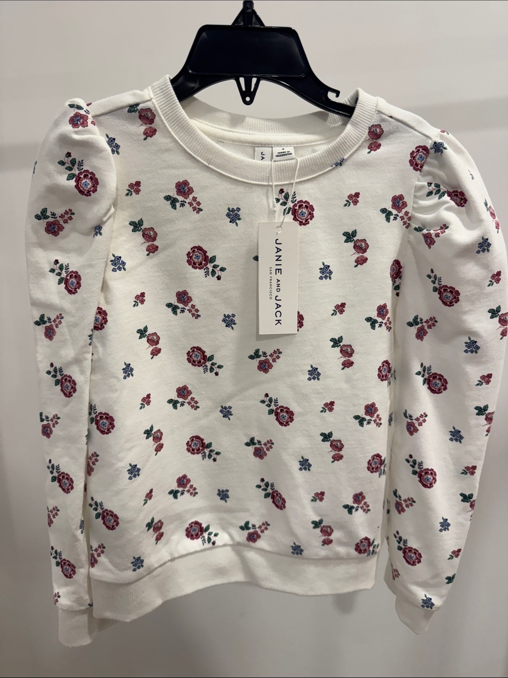 Janie and Jack White Floral Puff-Sleeve Sweatshirt with Pink & Blue Blooms